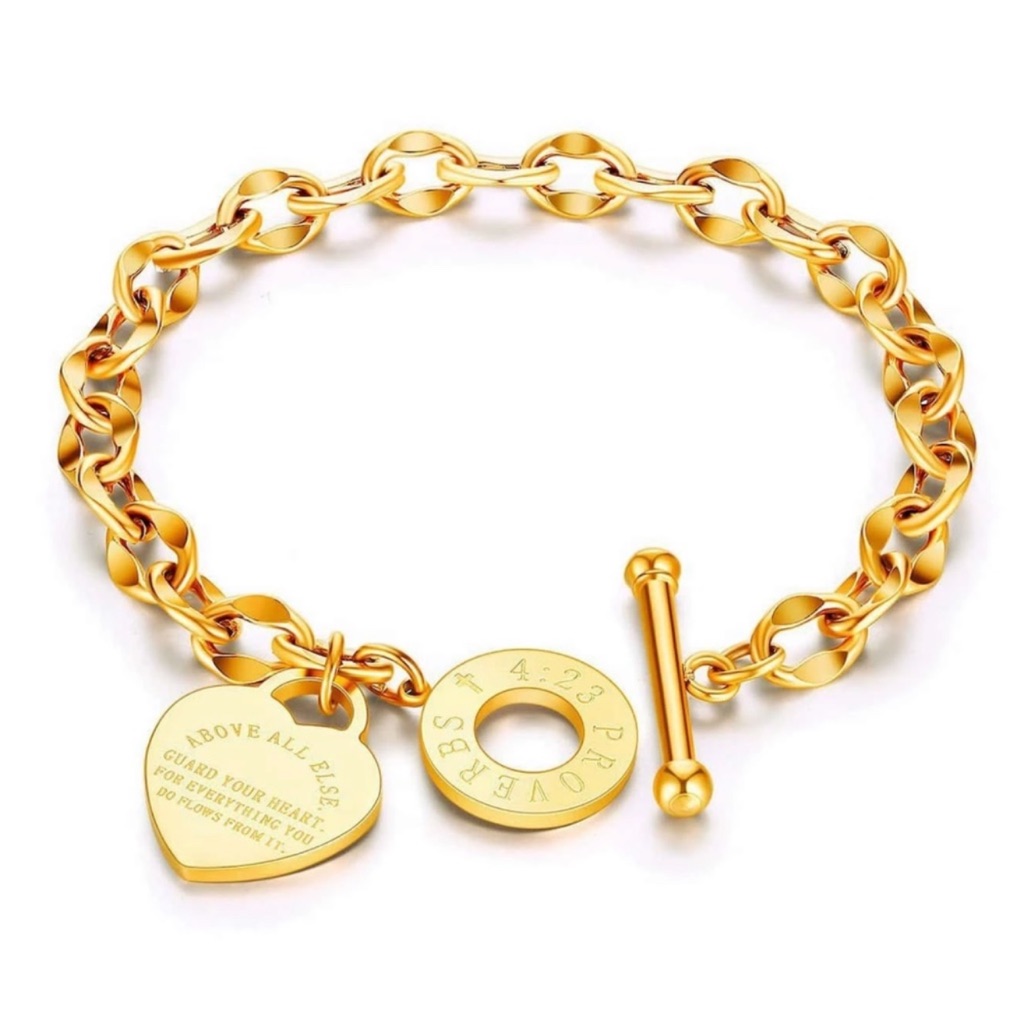 Vday Valentine's Heart Stainless Steel Gold Tone Toggle Bracelet